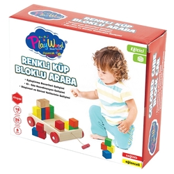 Play Wood Eğitici Ahşap Oyuncak Küp Bloklu Araba Renkli Çek-Çekli - 1