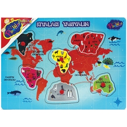 PlayWood Eğitici Ahşap Puzzle Tutmalı Kıtaları ve Bölgeleri Tanıyalım 6-7 Parça - PlayWood-Onyıl