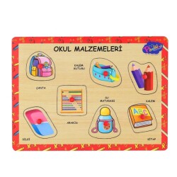 PlayWood Eğitici Ahşap Tutmalı Puzzle Okul Malzemeleri 7 Parça - PlayWood-Onyıl