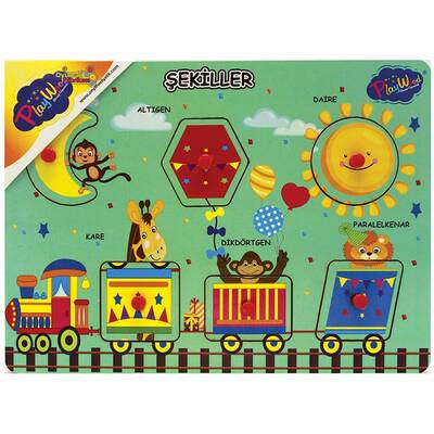 PlayWood Eğitici Tutmalı Ahşap Puzzle Geometrik Şekiller Hayvanlı 6 Parça - 1