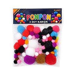Ponpon 3 Boy Karışık 70’li Renkli Hobi Ponponu El İşi Süsleme Okul ve Etkinlik Malzemesi - Kika