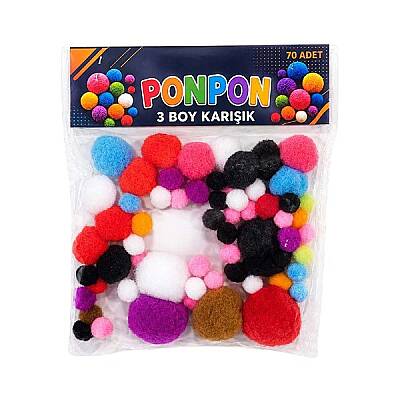 Ponpon 3 Boy Karışık 70’li Renkli Hobi Ponponu El İşi Süsleme Okul ve Etkinlik Malzemesi - 1