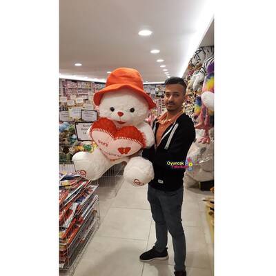 Şapkalı Kalpli Seni Seviyorum Yazılı Büyük Peluş Ayı 80 Cm - 2