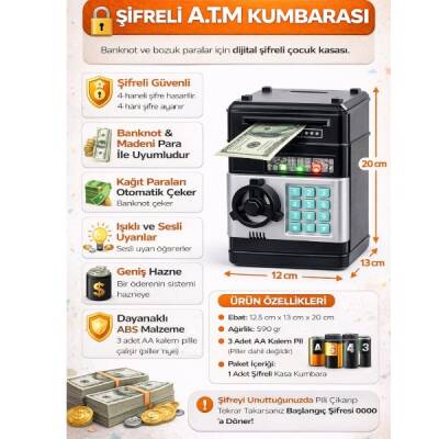 Şifreli ATM Kasa Kumbara Dijital Para Kasası Otomatik Kağıt Para Çeken Işıklı Sesli Çocuk Kumbarası - 2
