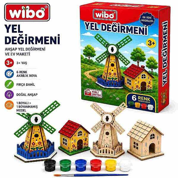 Wibo Ahşap Yel Değirmeni Maketi Boyanabilir Kendin Yap DIY Ahşap Hobi ve Sanat Seti