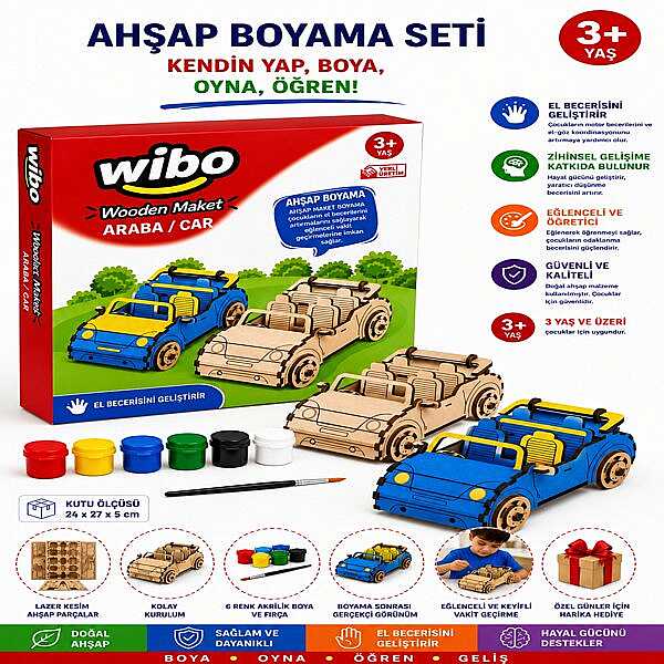 Wibo Art Ahşap Araba Maketi Boyama Seti Kendin Yap DIY Ahşap Hobi Kiti