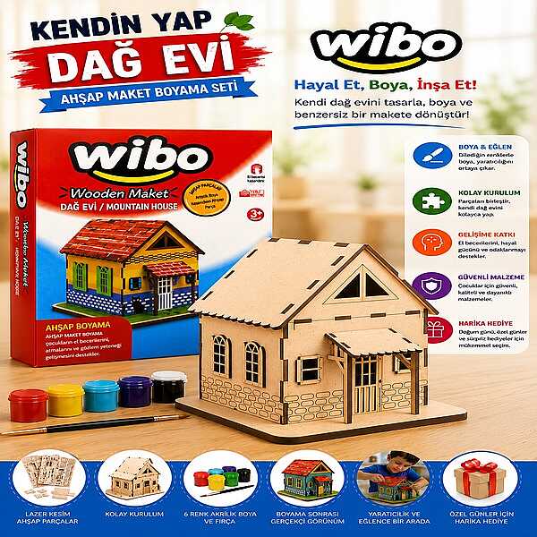 Wibo Art Ahşap Dağ Evi Maketi Boyanabilir Kendin Yap DIY Hobi ve Sanat Seti