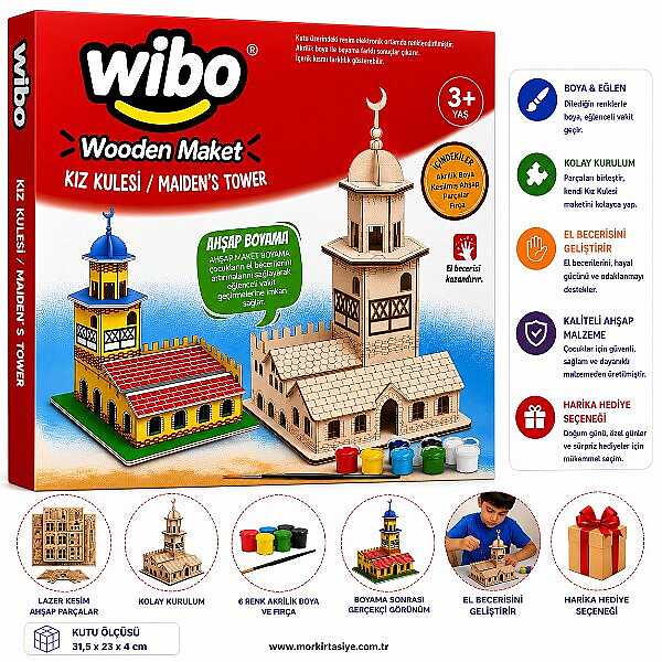 Wibo Art Ahşap Kız Kulesi Maketi Boyanabilir Kendin Yap DIY Hobi ve Sanat Seti