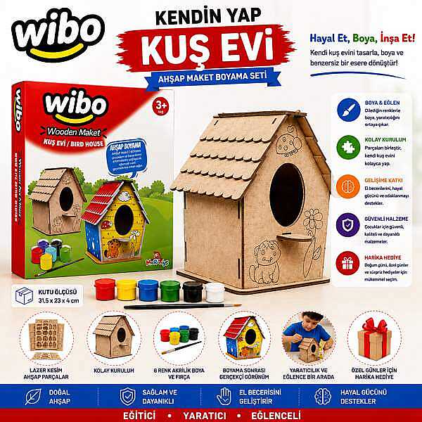 Wibo Art Ahşap Kuş Evi Maketi Boyama Seti Boyanabilir Kendin Yap DIY Hobi ve Sanat Kiti
