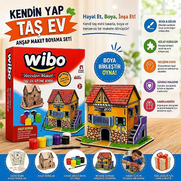 Wibo Art Ahşap Taş Ev Maketi Boyanabilir Kendin Yap DIY Hobi ve Sanat Seti